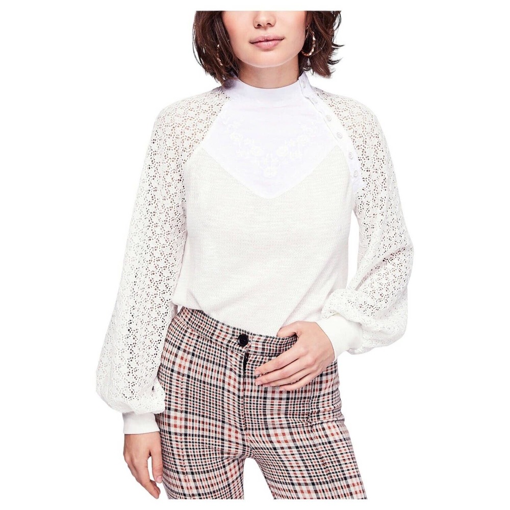Free People Top Womens S Sweetest Thing Waffle Embroidered Boho Peasant Ivory - Picture 1 of 16